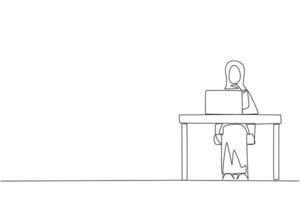 Single continuous line drawing Arabian businesswoman sitting and typing on laptop computer. Prepare important data to presenting in front of new investors. Hectic. One line design vector illustration