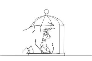 Continuous one line drawing Arab businessman trapped in cage holding an axe and destroy the cage. Everything is done to be free. Rising anger. Disappointed. Single line draw design vector illustration