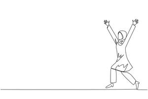 Continuous one line drawing Arabian businesswoman running to celebrate success of business. Like football player who scores goal, she celebrates. Success. Single line draw design vector illustration