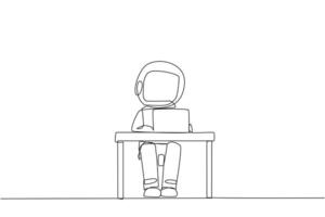 Single continuous line drawing astronaut sitting and typing on laptop computer. Prepare important data to presenting in front of spaceship's Directors. Hectic. One line design vector illustration