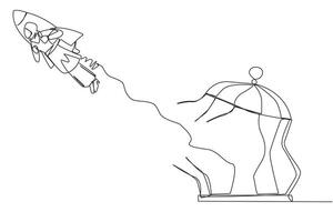 Continuous one line drawing Arabian businesswoman flying with rocket and breaks cage. Free from traps. Getting a booster to continue the business. Business soared. Single line draw vector illustration