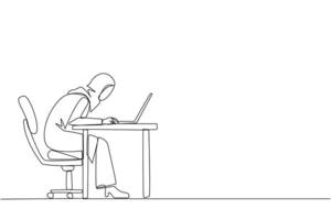 Single one line drawing Arabian businesswoman sitting and typing on laptop computer. Work hard to achieve maximum expected results. Overtime and work smart. Continuous line design graphic illustration vector