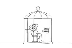 Single one line drawing Arab businessman trapped in cage sitting on office chair holding head. Being in a routine trap. Tired and irritated with the daily grind. Continuous line design illustration vector