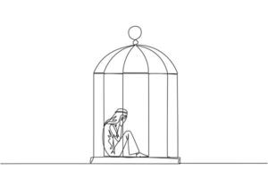 Single continuous line drawing Arab businessman trapped in the cage sitting covering face. Feel utterly defeated. Trapped in a dirty business. Mentally tired. Lost. One line design vector illustration