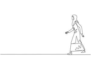 Single continuous line drawing Arab businesswoman walking to canteen to break and lunch. Taking time for a while to hone ideas back into brilliant ideas. Success. One line design vector illustration