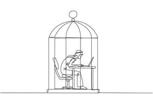 Single one line drawing Arabian businessman trapped in cage working on laptop. Plan to take annual leave to get away from routine. Workaholic. Overtime. Continuous line design graphic illustration vector