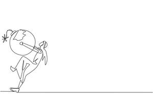 Single one line drawing Arabian businessman carrying bomb with a burning fuse. The concept of keeping danger away from the business environment to survive. Continuous line design graphic illustration vector