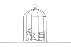 Single one line drawing Arabian businesswoman trapped in cage sitting down frustrated. Stress with piling up unfinished work until close to deadline. Exhausted. Continuous line graphic illustration vector