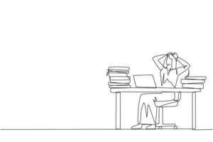 Single continuous line drawing Arab businessman sitting on office chair. Stressful to see stock price on a laptop screen that don't increase. Stressful businessman. One line design vector illustration