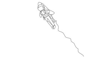 Single one line drawing young astronaut flying with rocket. Desire to take the business to the moon. Successful entrepreneur. The great energetic astronaut. Continuous line design graphic illustration vector