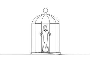 continuo uno línea dibujo árabe empresario atrapado en jaula en pie sostener el hierro barras. encarcelado cuerpo y mente. limitado oportunidad. sensación exhausto. soltero línea dibujar diseño vector ilustración