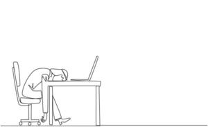soltero continuo línea dibujo árabe empresario cayó dormido en frente de un ordenador portátil computadora. fatiga corriendo un negocio. mental salud problema. exhausto. aburrido. uno línea diseño vector ilustración