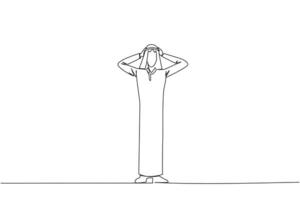 Continuous one line drawing Arab businessman standing straight holding head with both hands. Gestures excited or surprised. Unusual facial expressions. Startled. Single line draw vector illustration