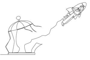 Single one line drawing Arabian businessman flying with a rocket and breaks the cage. Free from traps. Getting a booster to continue the business. Business soared. Continuous line design illustration vector