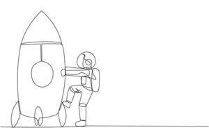 Single one line drawing astronaut and rocket. Get ready to ride rocket that will launch. Metaphors bring business success. Cosmonaut deep space. Spaceship. Continuous line design graphic illustration vector