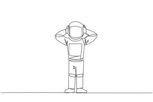 Continuous one line drawing astronaut standing straight holding head with both hands. Gestures excited or surprised. Unusual facial expressions. Startled. Single line draw design vector illustration