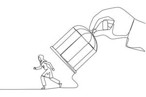 Continuous one line drawing big hand holds iron cage, catch Arab businesswoman. Want to trap in any way. Enter the trap. Unfair business competition. Lost. Single line draw design vector illustration