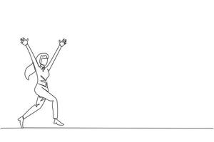 Single continuous line drawing young businesswoman running to celebrate the success of business. Like a football player who scores goal, she celebrates. Success. One line design vector illustration