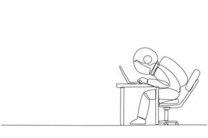 Single one line drawing astronaut sitting and typing on laptop computer. Work hard to achieve maximum expected results. Overtime and work smart. Spaceman. Continuous line design graphic illustration vector