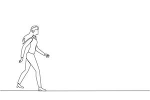 Single continuous line drawing young businesswoman walking to canteen to break and lunch. Taking time for a while to hone ideas back into brilliant ideas. Success. One line design vector illustration