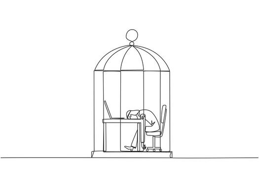 Single one line drawing Arabian businessman trapped in cage asleep on laptop. Tired of repetitive routines. The many deadlines require overtime every day. Continuous line design graphic illustration vector
