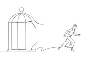 Single one line drawing Arabian businessman trapped in the cage running through the cage. Metaphor penetrates the maximum limit of self. Desire to succeed. Continuous line design graphic illustration vector