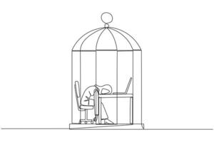 Single continuous line drawing Arabian businesswoman trapped in cage asleep on laptop. Tired of repetitive routines. The many deadlines require overtime every day. One line design vector illustration