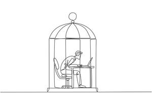 Single one line drawing businessman trapped in cage working on laptop computer. Plan to take annual leave to get away from routine. Workaholic. Overtime. Continuous line design graphic illustration vector