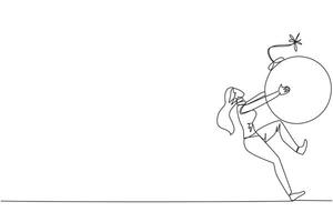 Single one line drawing young businesswoman carrying bomb with a burning fuse. The concept of keeping danger away from the business environment to survive. Continuous line design graphic illustration vector