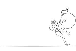 Single one line drawing young businesswoman carrying bomb with a burning fuse. The concept of keeping danger away from the business environment to survive. Continuous line design graphic illustration vector