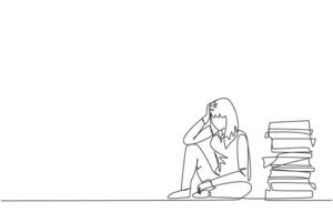 Single continuous line drawing businesswoman sitting near piles of work files. Too much work is stressful. Putting off work makes work neglected. Tired, unhappy. One line design vector illustration