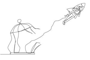 Single one line drawing businesswoman flying with rocket and breaks the cage. Free from traps. Getting a booster to continue the business. Business soared. Continuous line design graphic illustration vector