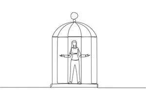 Single continuous line drawing businesswoman trapped in cage standing with open arms. Surrender to the situation. Forced to stay in a cage. Business is not growing. One line design vector illustration