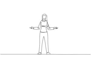 Single continuous line drawing businesswoman standing straight with open arms. Lonely and sadness businesswoman lamenting undeveloped business. Unhappy manager. One line design vector illustration