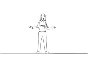 Single continuous line drawing businesswoman standing straight with open arms. Lonely and sadness businesswoman lamenting undeveloped business. Unhappy manager. One line design vector illustration