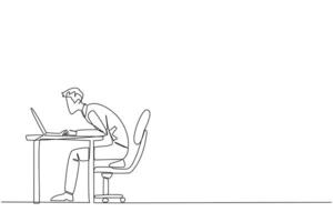 Single one line drawing hectic businessman sitting and typing on laptop computer. Work hard to achieve maximum expected results. Overtime and work smart. Continuous line design graphic illustration vector