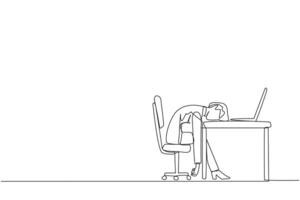 Continuous one line drawing businesswoman fell asleep in front of a laptop computer. Fatigue running a business. Mental health problem. Exhausted, bored. Single line draw design vector illustration