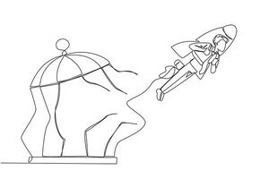 Single one line drawing businessman flying with a rocket and breaks the cage. Free from traps. Getting a booster to continue the business. Business soared. Continuous line design graphic illustration vector