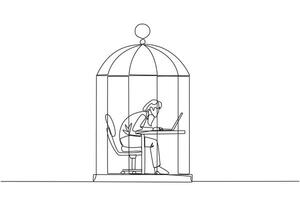 Single one line drawing businesswoman trapped in cage working on laptop computer. Plan to take annual leave to get away from routine. Workaholic. Overtime. Continuous line design graphic illustration vector