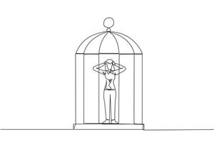 Continuous one line drawing tired businesswoman trapped in cage standing frustrated holding head. Anxiety caused can not move freely. Confined. Imprisoned. Single line draw design vector illustration