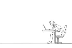 Continuous one line drawing businesswoman sitting and typing on laptop computer. Work hard to achieve maximum expected results. Overtime and work smart. Single line draw design vector illustration