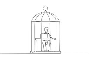 Continuous one line drawing businessman trapped in cage sitting and typing on laptop computer. Tiring routine. Unhappy businessman with the many deadline. Single line draw design vector illustration