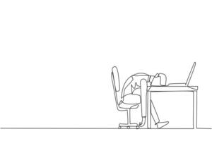 Continuous one line drawing businessman fell asleep in front of a laptop computer. Fatigue running a business. Mental health problem. Exhausted, bored. Single line draw design vector illustration