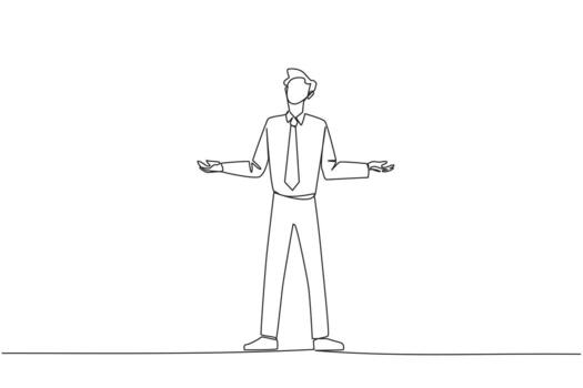 Continuous one line drawing businessman standing straight with open arms. Lonely and sadness businessman lamenting undeveloped business. Unhappy manager. Single line draw design vector illustration