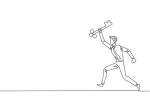 Continuous one line drawing businessman running holding key. Doing celebrate. Perform movements like a relay athlete. The secret key to business revival. Single line draw design vector illustration