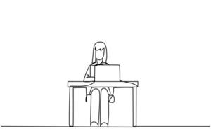 Continuous one line drawing businesswoman sitting and typing on laptop computer. Prepare important data to presenting in front of new investors. Hectic. Single line draw design vector illustration