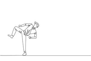 Single one line drawing businessman doing taekwondo movements. Make kicking motion. Have strong legs. Keeping business with sport. Keep healthy stay strong. Continuous line design graphic illustration vector