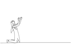 Single one line drawing Arabian businessman kneeling raising hands to pray. Praying to make it easier to do business. Businessman lost hope. Surrender. Continuous line design graphic illustration vector