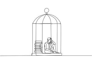 Single continuous line drawing businessman trapped in cage sitting down frustrated. Stress with piling up unfinished work until close to the deadline. Exhausted. One line design vector illustration