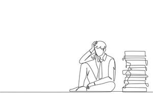 Single one line drawing businessman sitting near piles of work files. Too much work is stressful. Putting off work makes work neglected. Tired, unhappy. Continuous line design graphic illustration vector